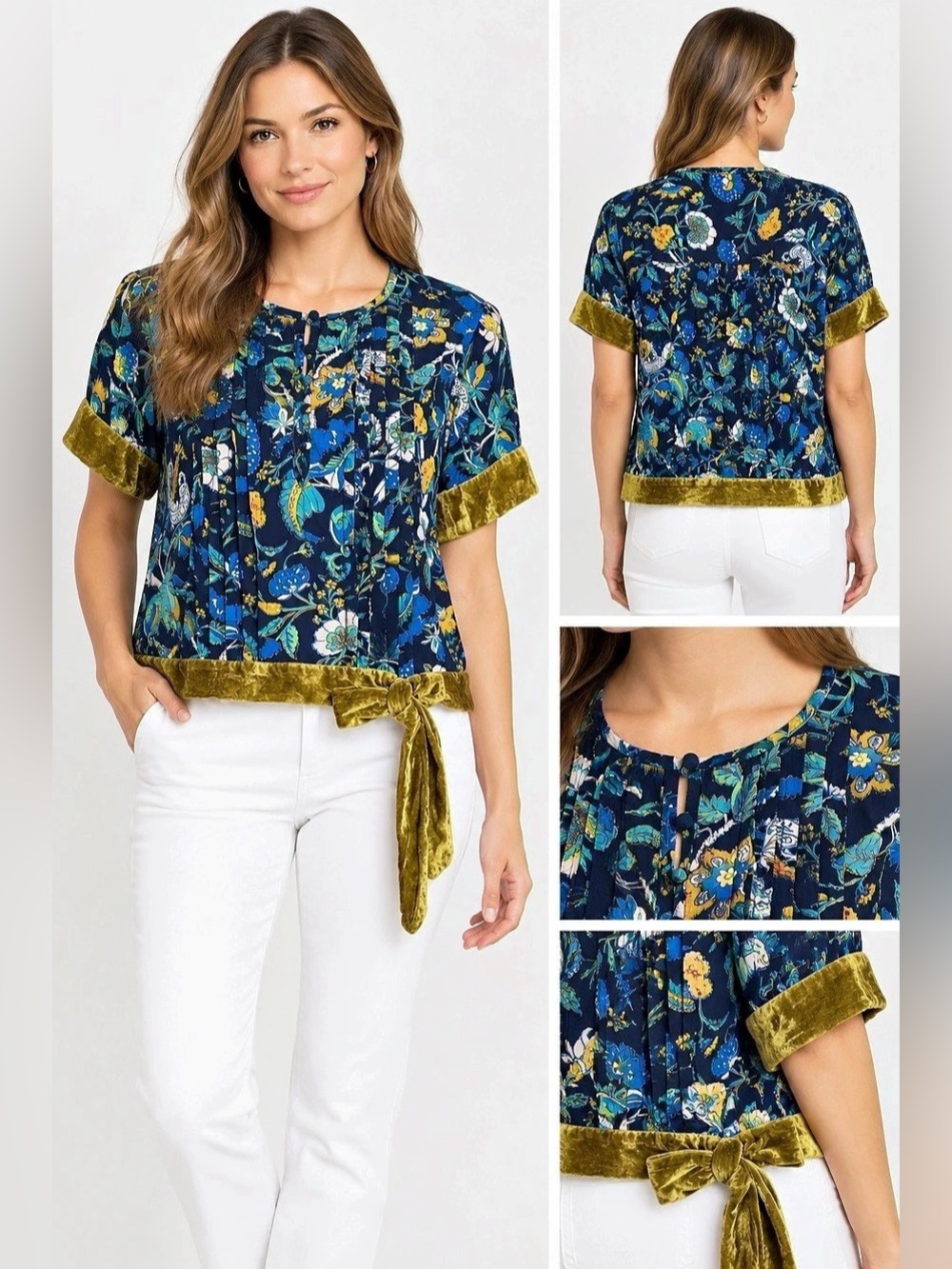 Anthropologie Clara Velvet-Trimmed Floral Crop Top Blouse Boho XS